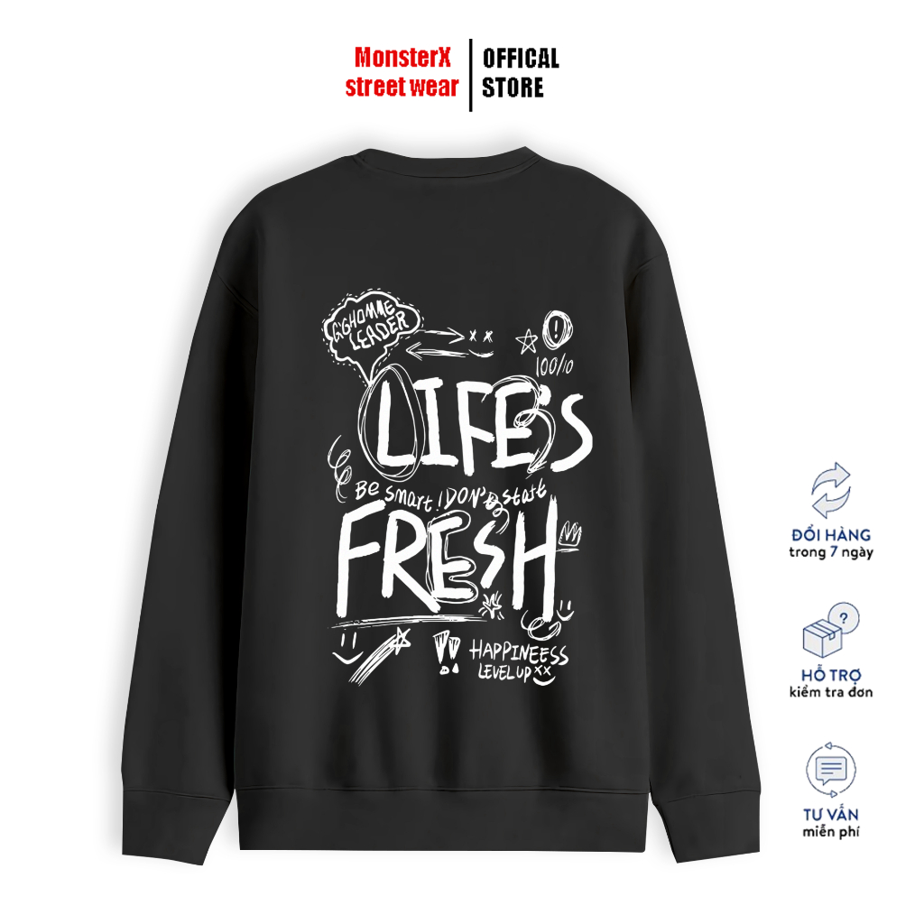 Áo dài tay trơn NỈ BÔNG Unisex Monster X Street LIFE FRESH Sweater Ulzzang cặp đôi nam nữ form rộng oversize Hàn Quốc