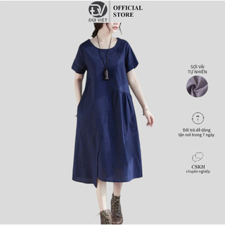 Đầm Linen suông cổ tròn ngắn tay, thiết kế cơ bản chất liệu Linen cao cấp thời trang Đũi Việt
