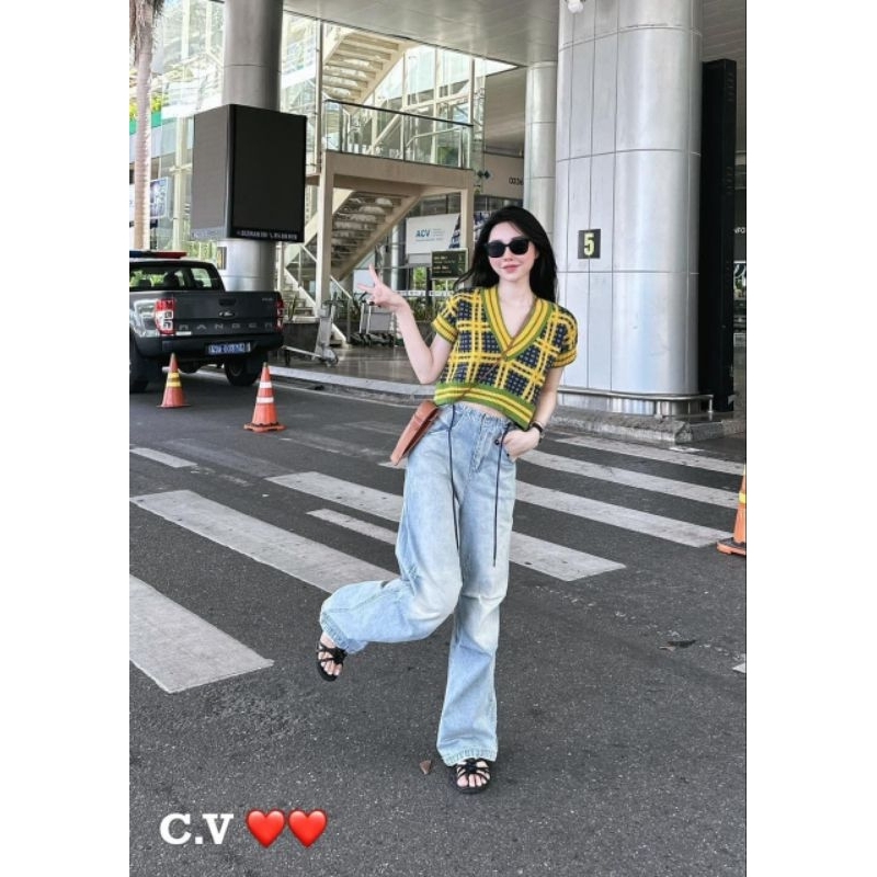 Áo len kẻ caro vàng hàng QC