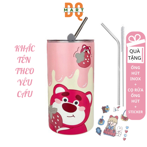 Bình giữ nhiệt Gấu Dâu iced americano inox 304 cao cấp không gỉ, Ly giữ nhiệt có ống hút – DQMART