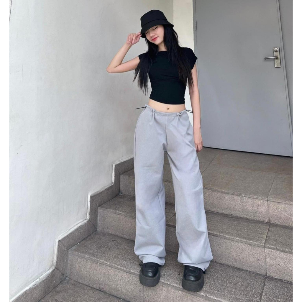 Quần Jogger Kaki lưng thun có dây rút PARACHUTE màu ĐEN/XÁM GHI ống suông form Nam Nữ Unisex, chất vải dù kaki 🖤 JEJUL 🖤