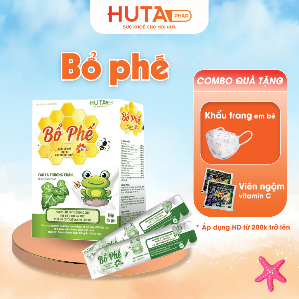 Siro ho Bổ phế HUTA PHAR (15 gói *10ml) giảm ho, ho khó, ho khan, ho có đờm, tiêu đờm, giảm đau rát họng
