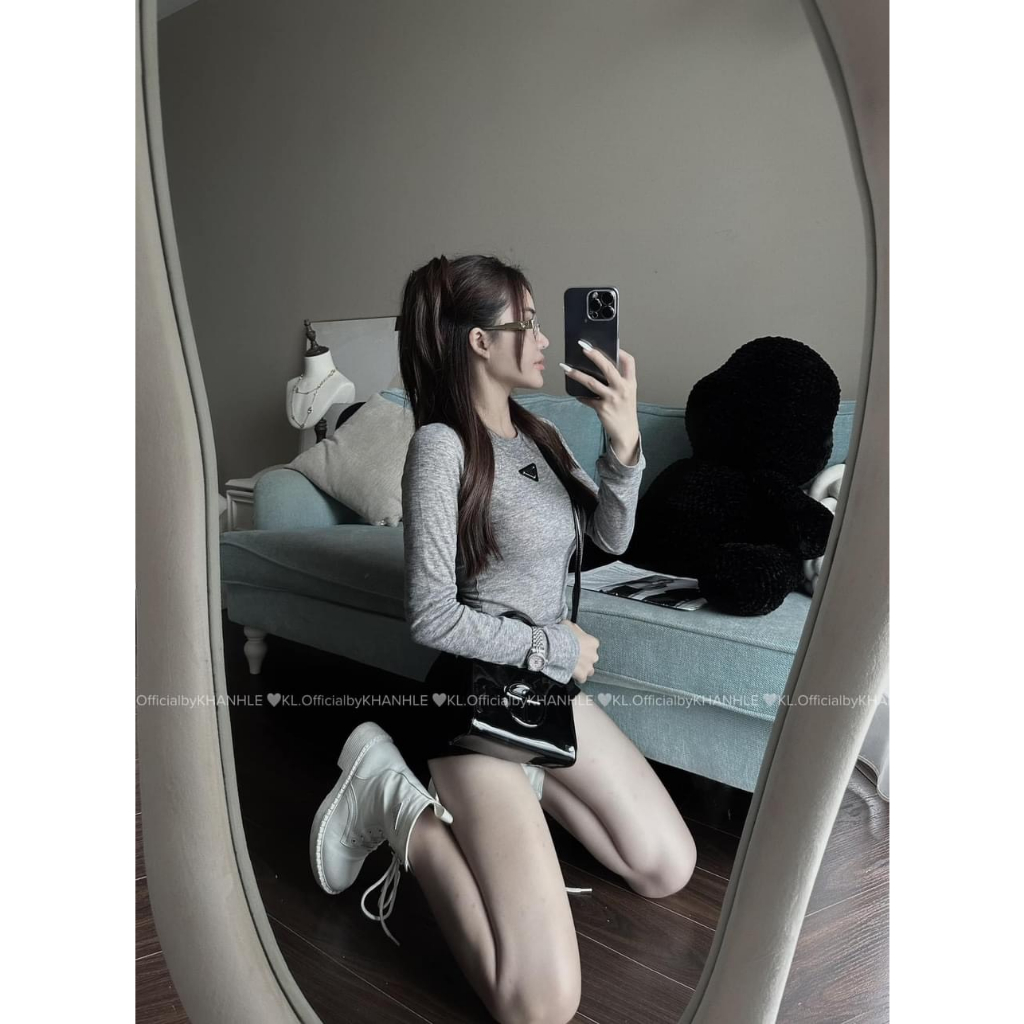 Áo Len Tăm Nữ Dài Tay Ôm Body Đính Tag Prada Áo Thun Trơn Nữ Dáng Dài Tôn Dáng Freesize S764