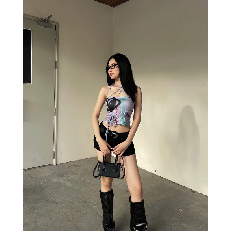 Áo dây croptop tím hoạ tiết siêu xinh