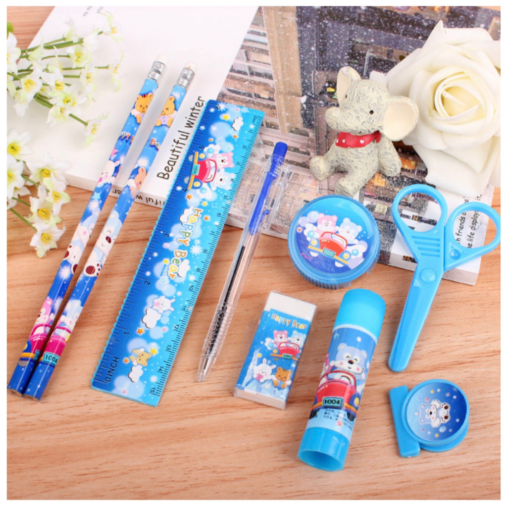Bộ dụng cụ học tập 9 món gồm bút chì,bút bi,thước kẻ,tẩy,kéo,gọt xoáy bút chì,keo dán giấy, kẹp tiện lợi cho học sinh