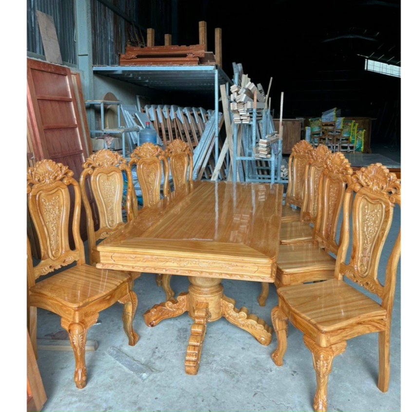 Bàn ăn gỗ gõ đỏ 6 ghế và 8 ghế-bộ bàn ăn chân gỗ mặt vuông