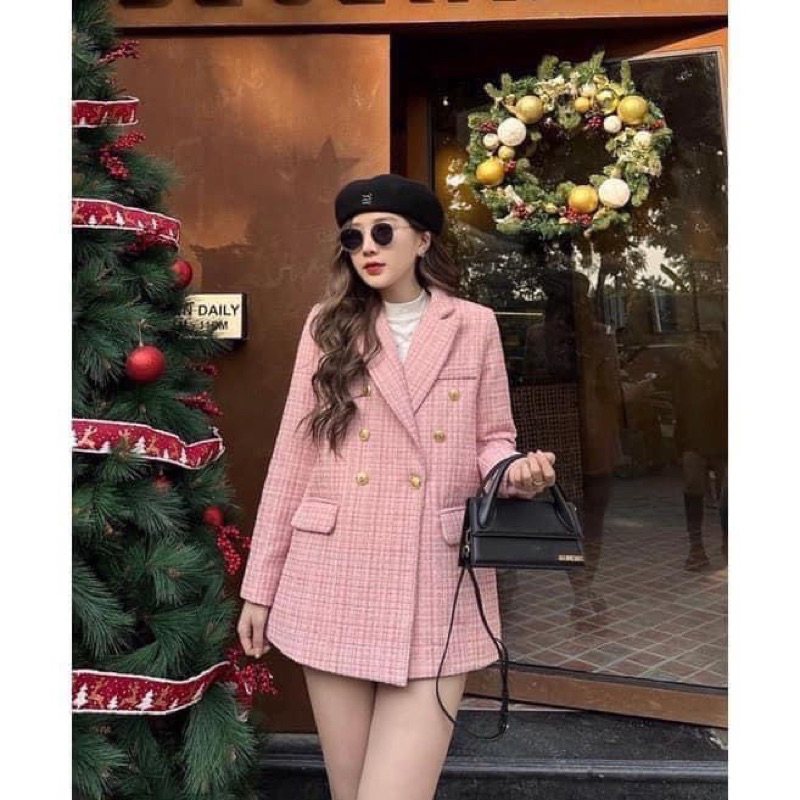 Áo khoác dạ kẻ xương cá cổ tàu