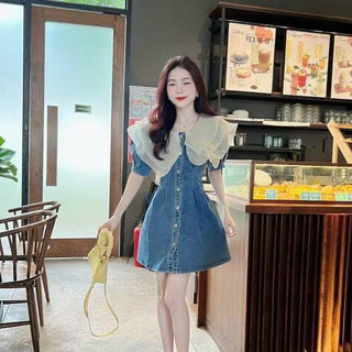 đầm nữ chất jeans cao cấp hoạ tiết bèo lụa ý dễ trương tiểu thư tay ngắn hàng nút dài váy chữ A