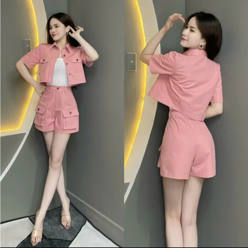 Sét bộ thời trang nữ mặc đi chơi chất kaki 3 món lót borip khoác ngoài tay ngắn crotop mix chân váy chữ A QC