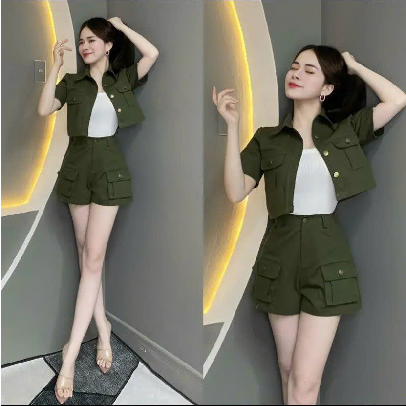 Sét bộ thời trang nữ mặc đi chơi chất kaki 3 món lót borip khoác ngoài tay ngắn crotop mix chân váy chữ A QC