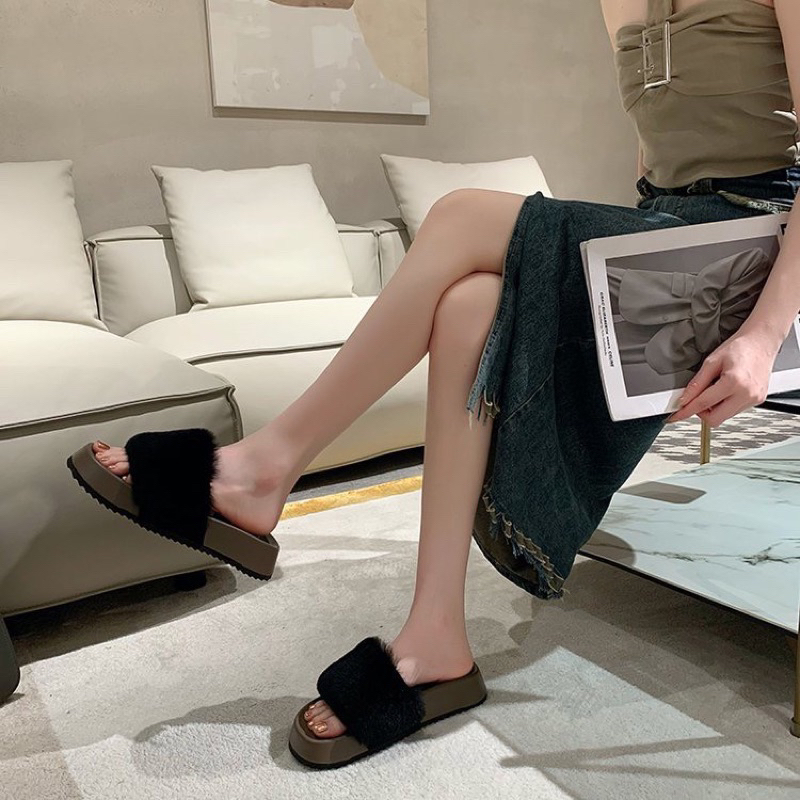 Dép Đế Cao Quai Ngang Phối Lông Nhung Thời Trang Cá Tính