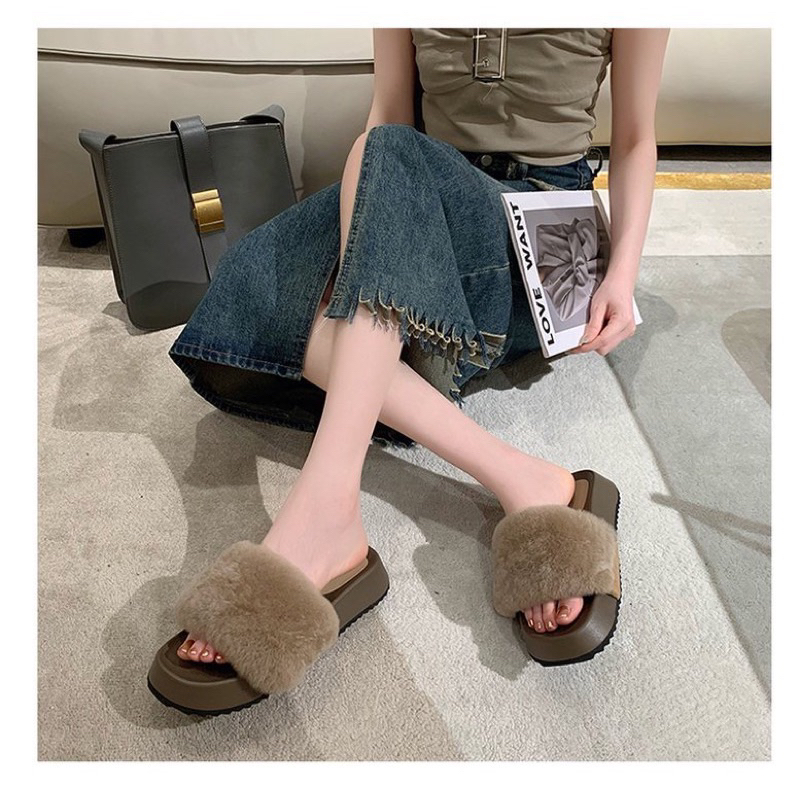 Dép Đế Cao Quai Ngang Phối Lông Nhung Thời Trang Cá Tính