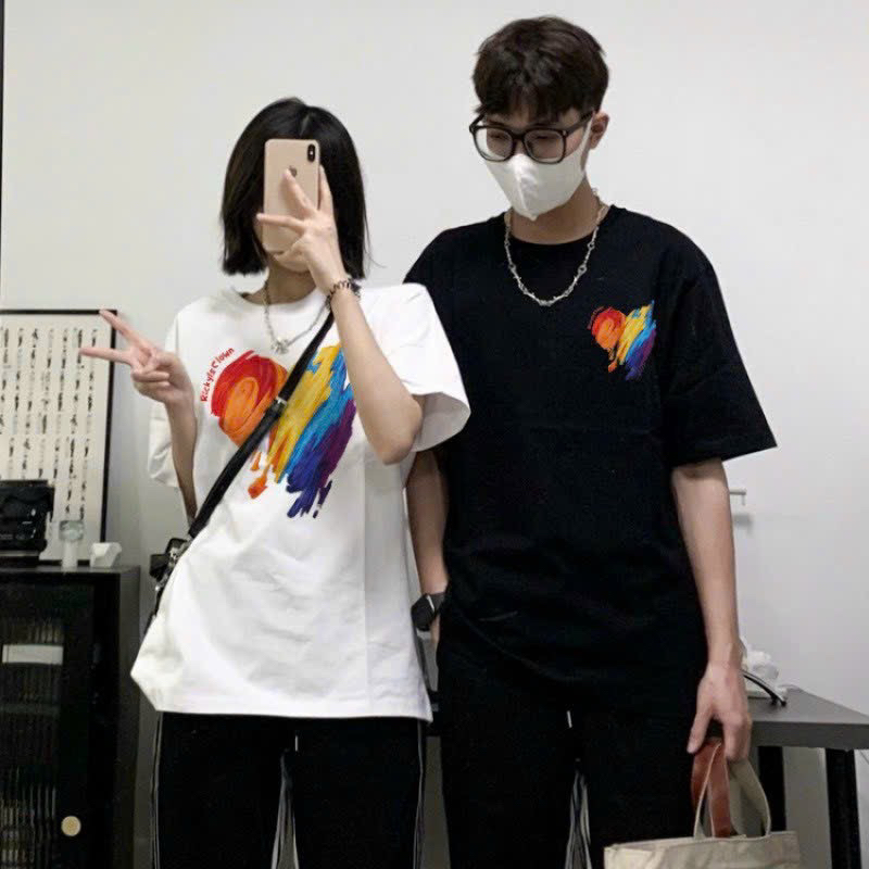 Áo thun đôi nam nữ trái tim Unisex form rộng và áo Croptop baby tee mặc cặp.