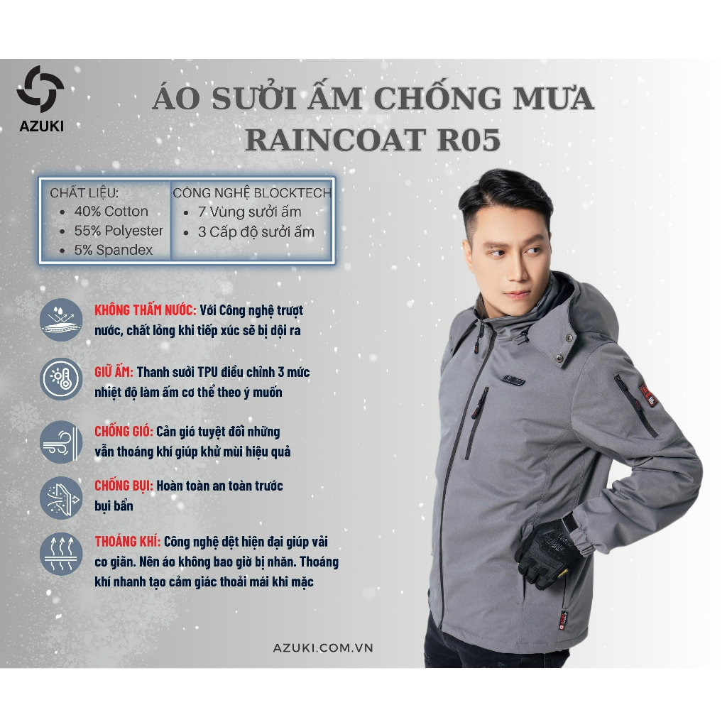 Áo Sưởi Ấm Azuki AZUKI Chạy Bằng Pin Chất Lượng Cao Cấp