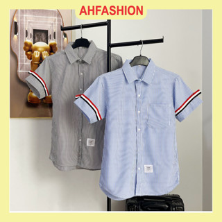 Áo sơ mi kẻ sọc xanh nam tay ngắn viền tay vải cotton thoáng mát  cao cấp Menswear Shirt-AHFASHION