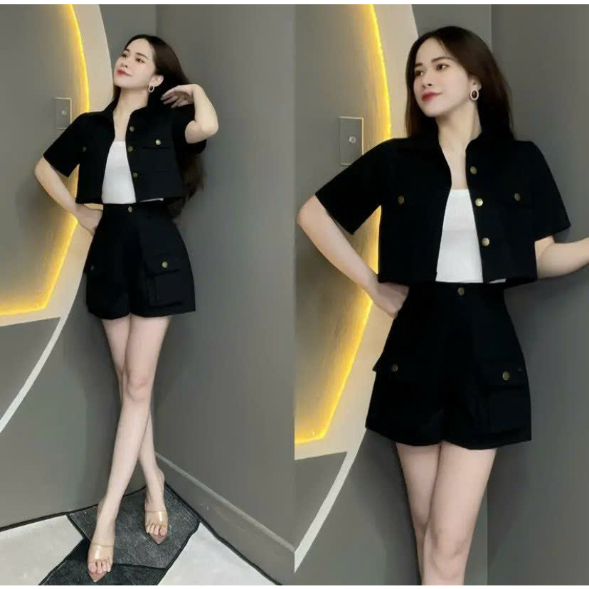 Sét bộ thời trang nữ mặc đi chơi chất kaki 3 món lót borip khoác ngoài tay ngắn crotop mix chân váy chữ A QC