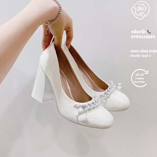 Giày cao gót miu miu trắng bít mũi phối xích fullbox