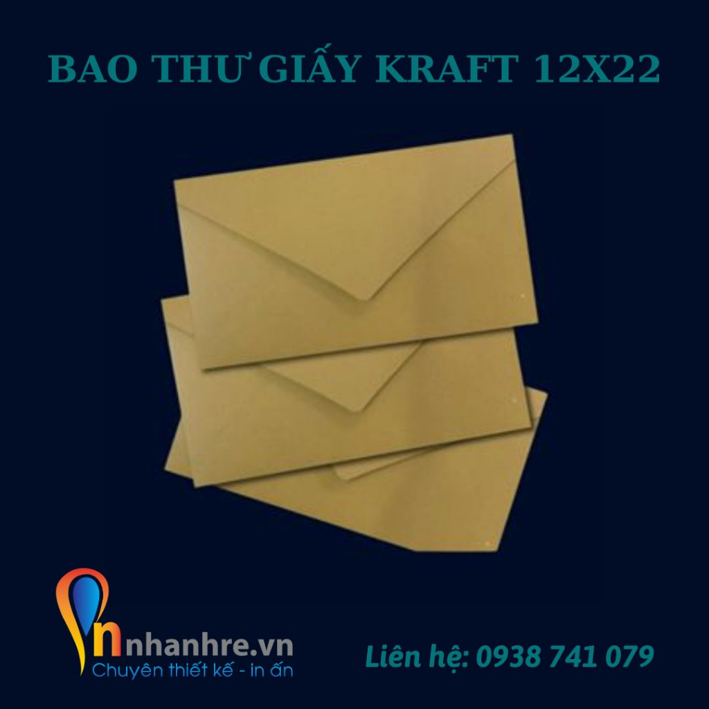 Bao thư, 50 bao thư giấy kraft 12 x 22 cm thiết kế đơn giản, vintage - INNHANHRE