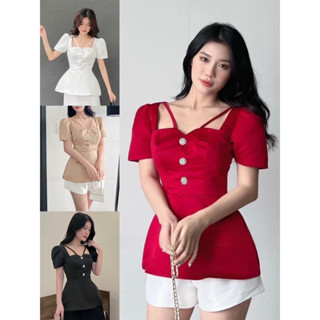 Áo cổ V peplum phối nút đá sang trọng có bigsize