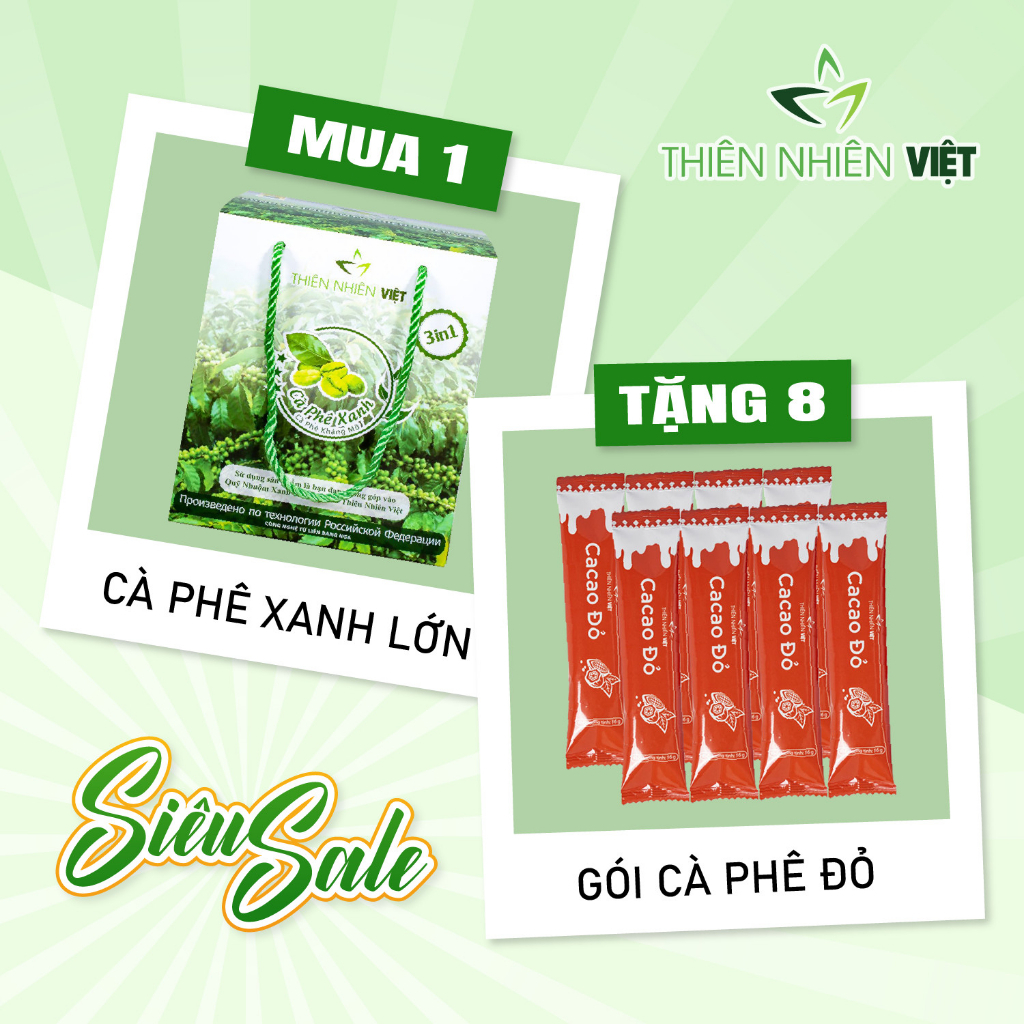 1 Hộp Cà phê Xanh 30 gói tặng kèm 8 gói ca cao đỏ, Cà phê Giảm Cân Kháng mỡ Thiên Nhiên Việt