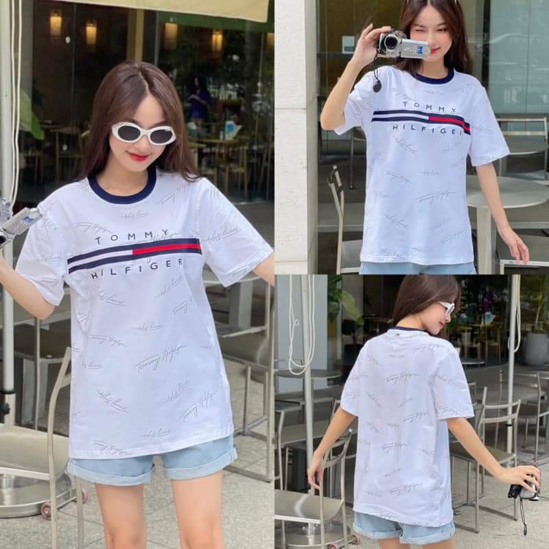 Áo phông nam nữ Tommy Hilfiger in vạch sọc đen trắng đỏ chữ kí quanh áo, Áo Thun Unisex Form Unisex Hot Hot Hot