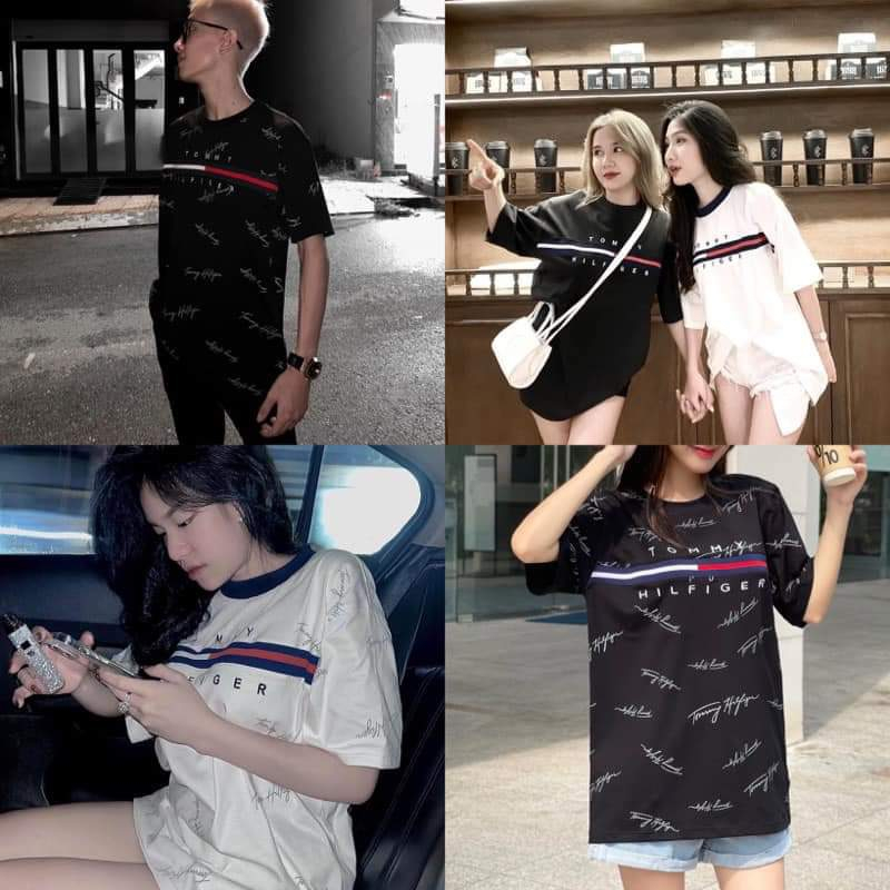 Áo phông nam nữ Tommy Hilfiger in vạch sọc đen trắng đỏ chữ kí quanh áo, Áo Thun Unisex Form Unisex Hot Hot Hot