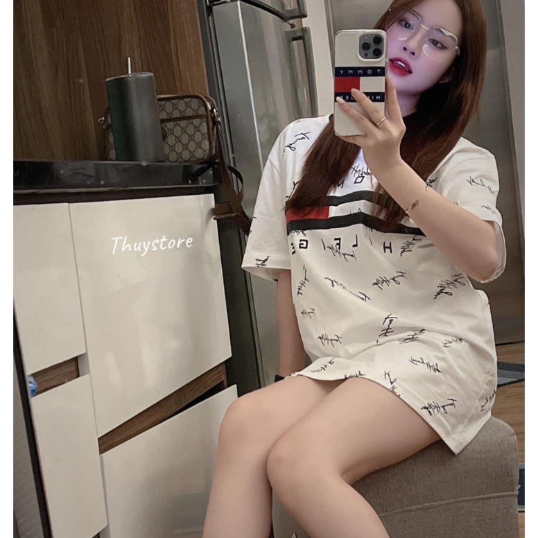 Áo phông nam nữ Tommy Hilfiger in vạch sọc đen trắng đỏ chữ kí quanh áo, Áo Thun Unisex Form Unisex Hot Hot Hot