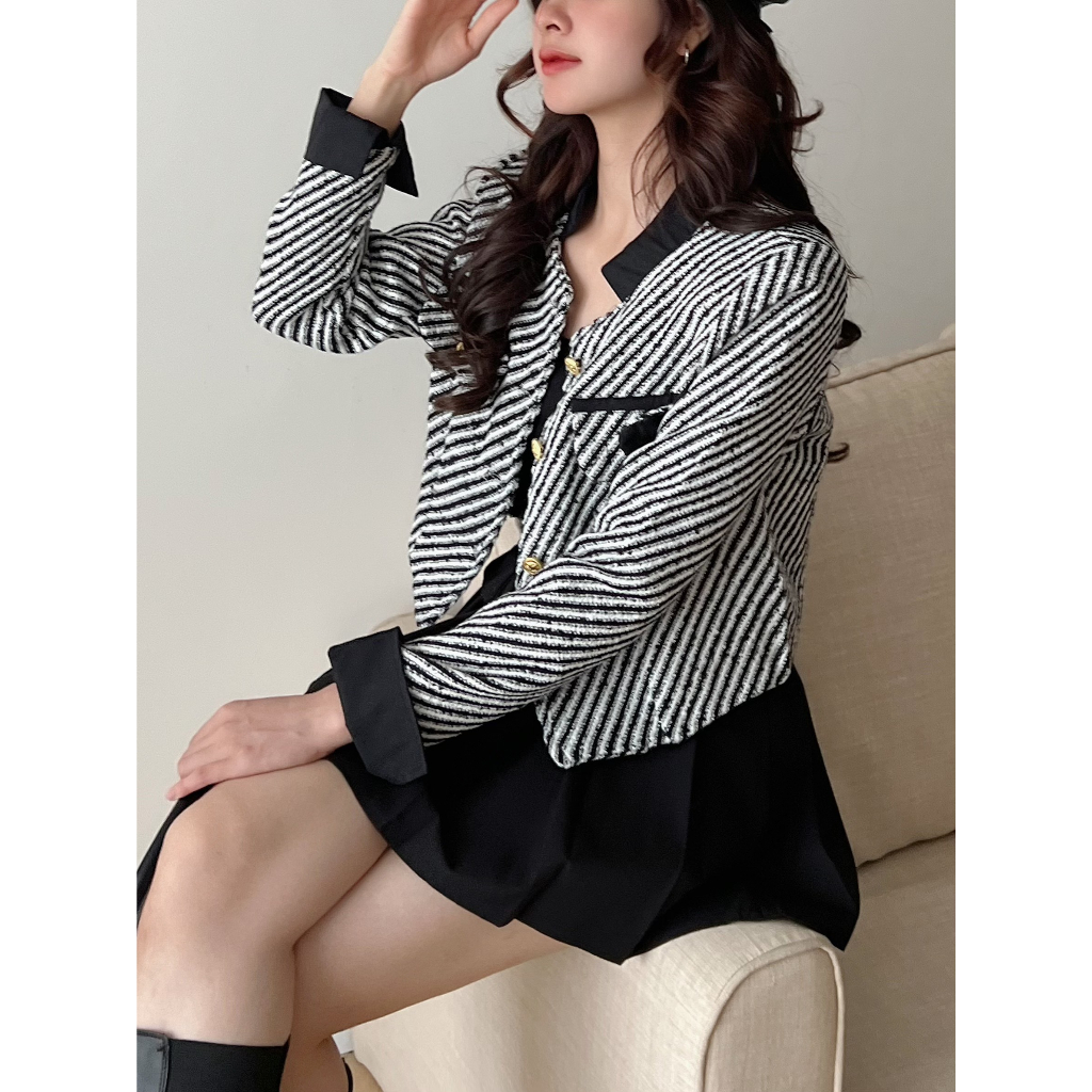 Áo Khoác Dạ Tweet Dáng Lửng Kẻ Đen QC, Đi Tiệc Sang, Freesize Dưới 56kg, Hàng Shop