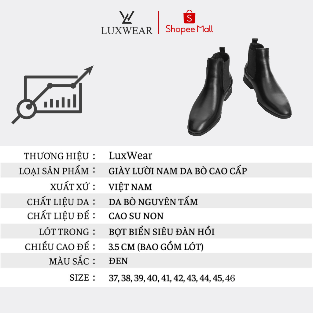 Giày Chelsea Boot nam LuxWear da bò nguyên tấm màu đen mềm êm phong cách trẻ trung GC01