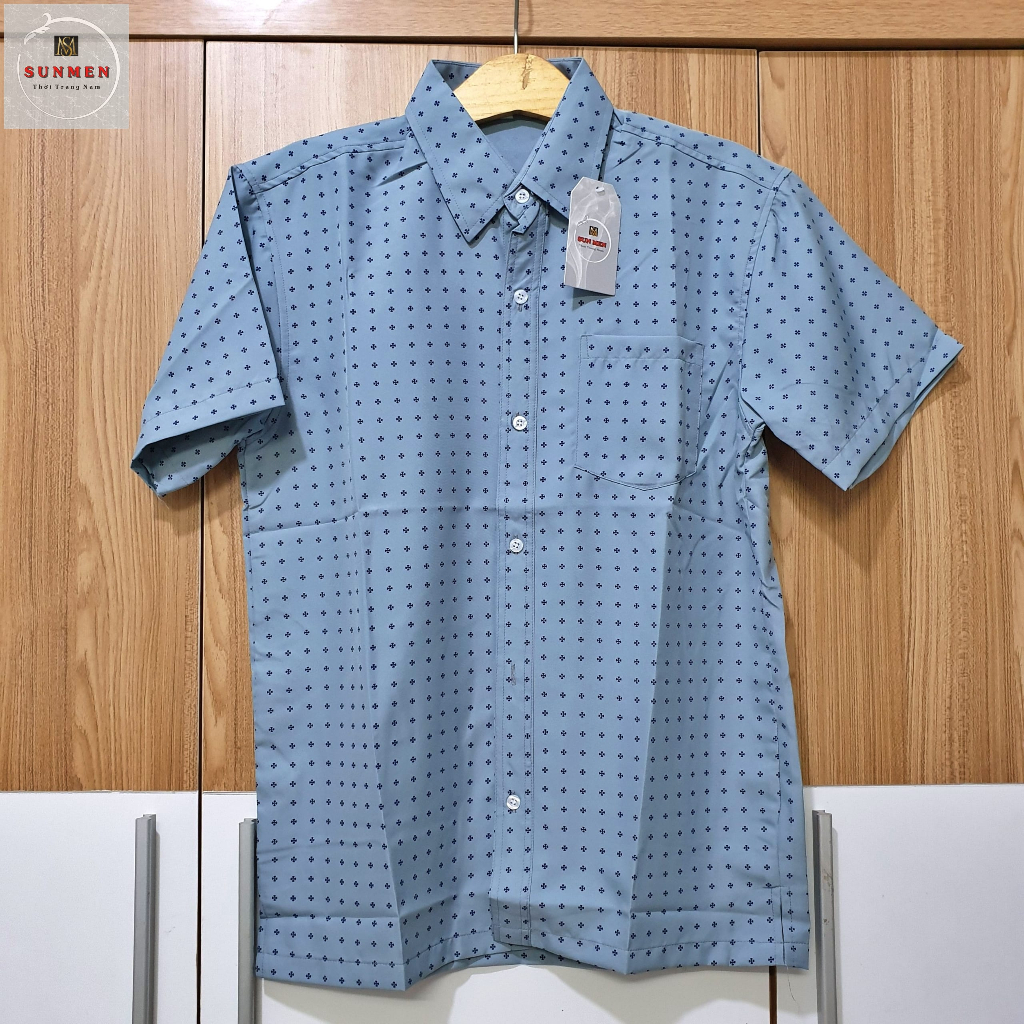 Áo sơ mi nam ngắn tay trung niên SUNMEN vải lụa co giãn mềm bề mặt mịn siêu form rộng classic