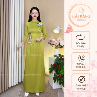 Áo dài xanh cốm thêu hoa truyền thống Hải Đăng lụa tây thi mềm mượt co giãn tay lỡ cổ cao 2 cm phom đẹp tôn dáng