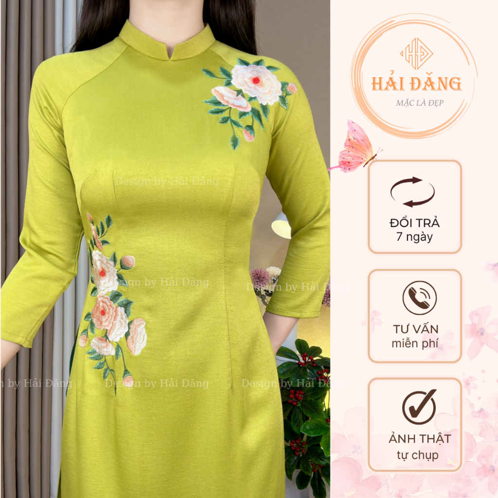 Áo dài xanh cốm thêu hoa truyền thống Hải Đăng lụa tây thi mềm mượt co giãn tay lỡ cổ cao 2 cm phom đẹp tôn dáng