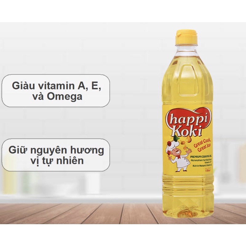 Dầu ăn cao cấp Happi Koki chai 1 lít, date xa 10/2025