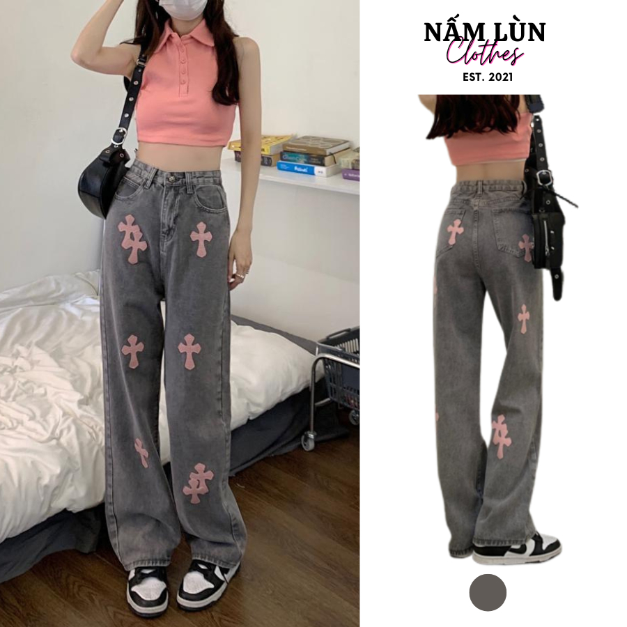 Quần Jean ống rộng Nấm Lùn Clothes Quần cạp cao Quần bò ống rộng họa tiết thánh giá phong cách retro Q013