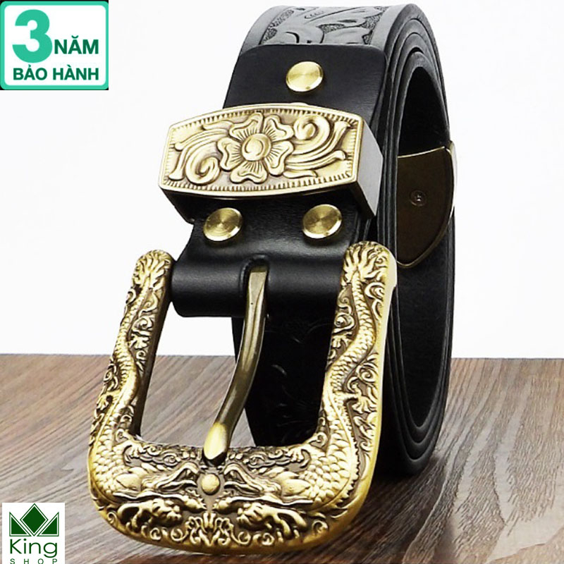 Thắt Lưng Nam Da Bò Miếng 100% Handmade Đầu Khóa Rồng Đúc Đồng 3 Mảnh - Bảo Hành 3 Năm