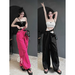 Sét bộ áo ống croptop đính logo tam giác phối quần ống rộng túi hộp đai chéo eo cực hot hit