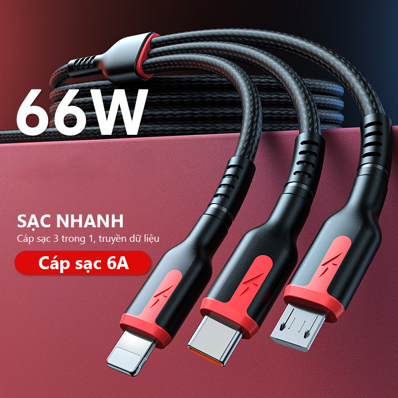 Dây cáp sạc nhanh 3 đầu eXtreme DS5101 - cáp sạc 66W type C Android, micro USB - đường kính dây lớn, chắc chắn