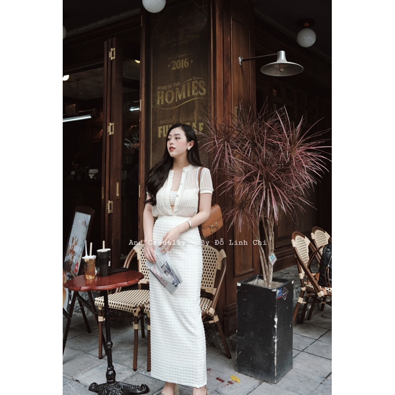 And Casually / Set 3 món áo cổ tàu / áo bra/ chân váy dài