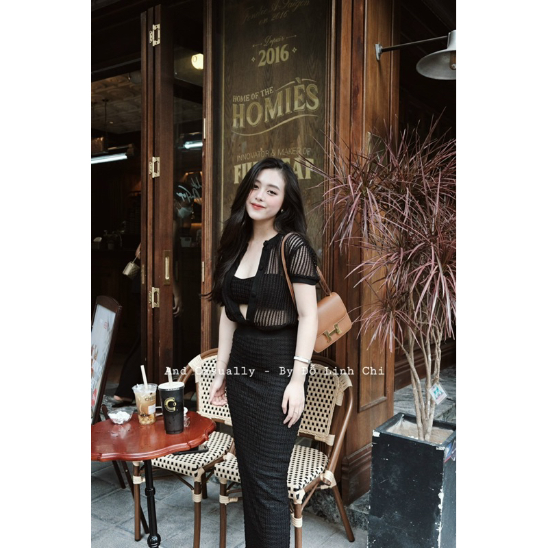 And Casually / Set 3 món áo cổ tàu / áo bra/ chân váy dài