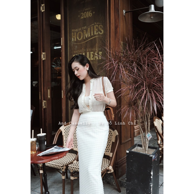 And Casually / Set 3 món áo cổ tàu / áo bra/ chân váy dài