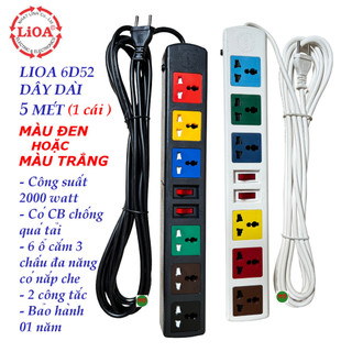 Ổ cắm điện 3 chấu đa năng lioa 6d52 6 lỗ 2 công tắc dây dài 5 mét công suất 2000 watt