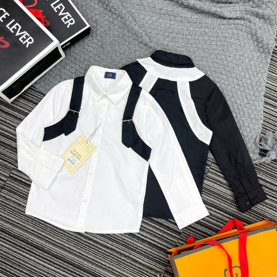 Áo sơ mi Cho Bé Trai Áo sơ mi Dài Tay Kẻ Vạt Tay trắng Đen