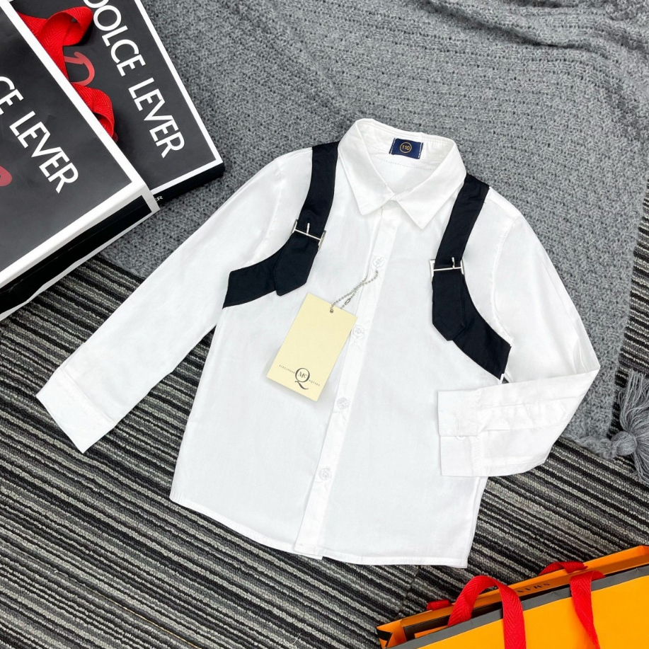 Áo sơ mi Cho Bé Trai Áo sơ mi Dài Tay Kẻ Vạt Tay trắng Đen