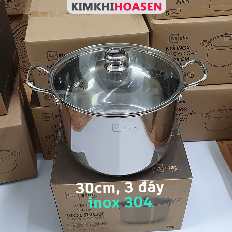 Nồi inox 304, 3 đáy, 30cm, chính hãng Fivestar