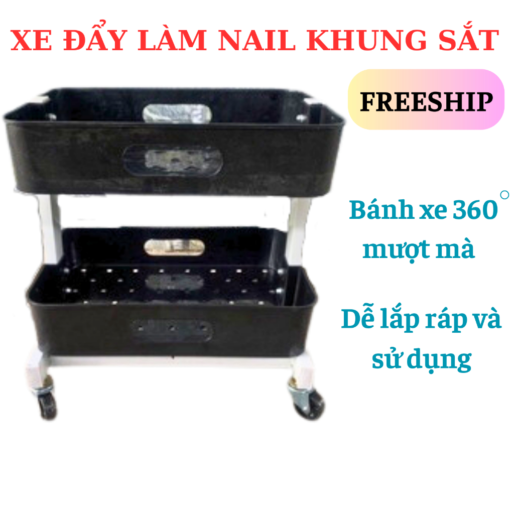Xe đẩy dành cho tiệm nail - spa 2 tầng khung sắt siêu bền vững, chắc chắn