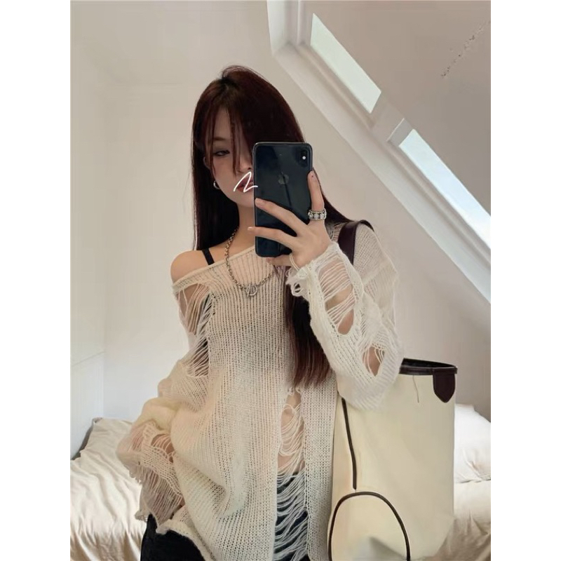 Áo len dệt kim mỏng rách HOT TREND ULZZANG lưới rách FASHIONITA 2023