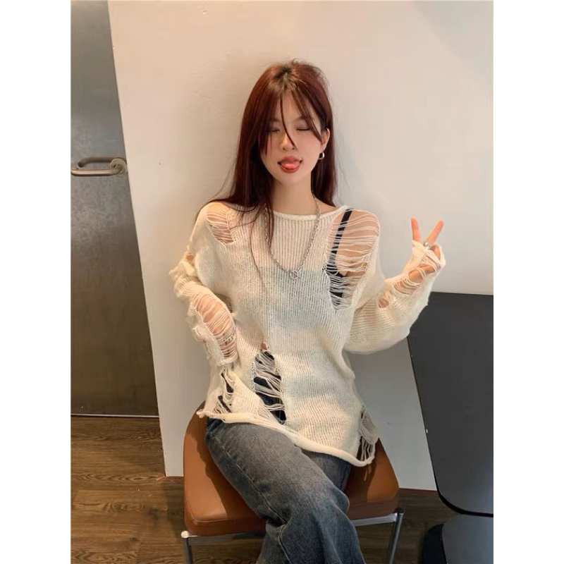 Áo len dệt kim mỏng rách HOT TREND ULZZANG lưới rách FASHIONITA 2023