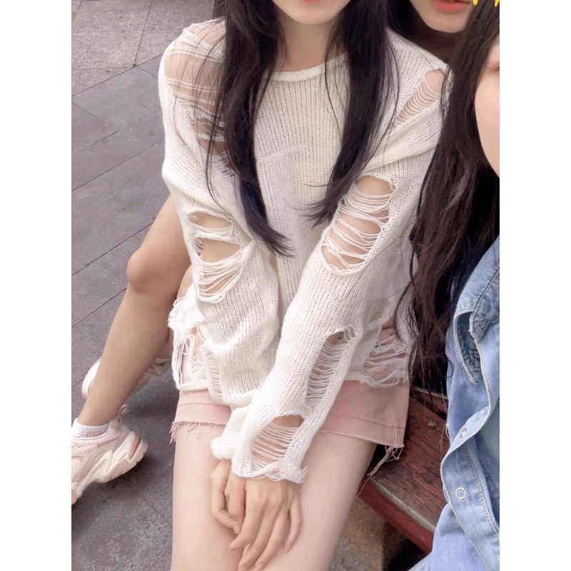 Áo len dệt kim mỏng rách HOT TREND ULZZANG lưới rách FASHIONITA 2023