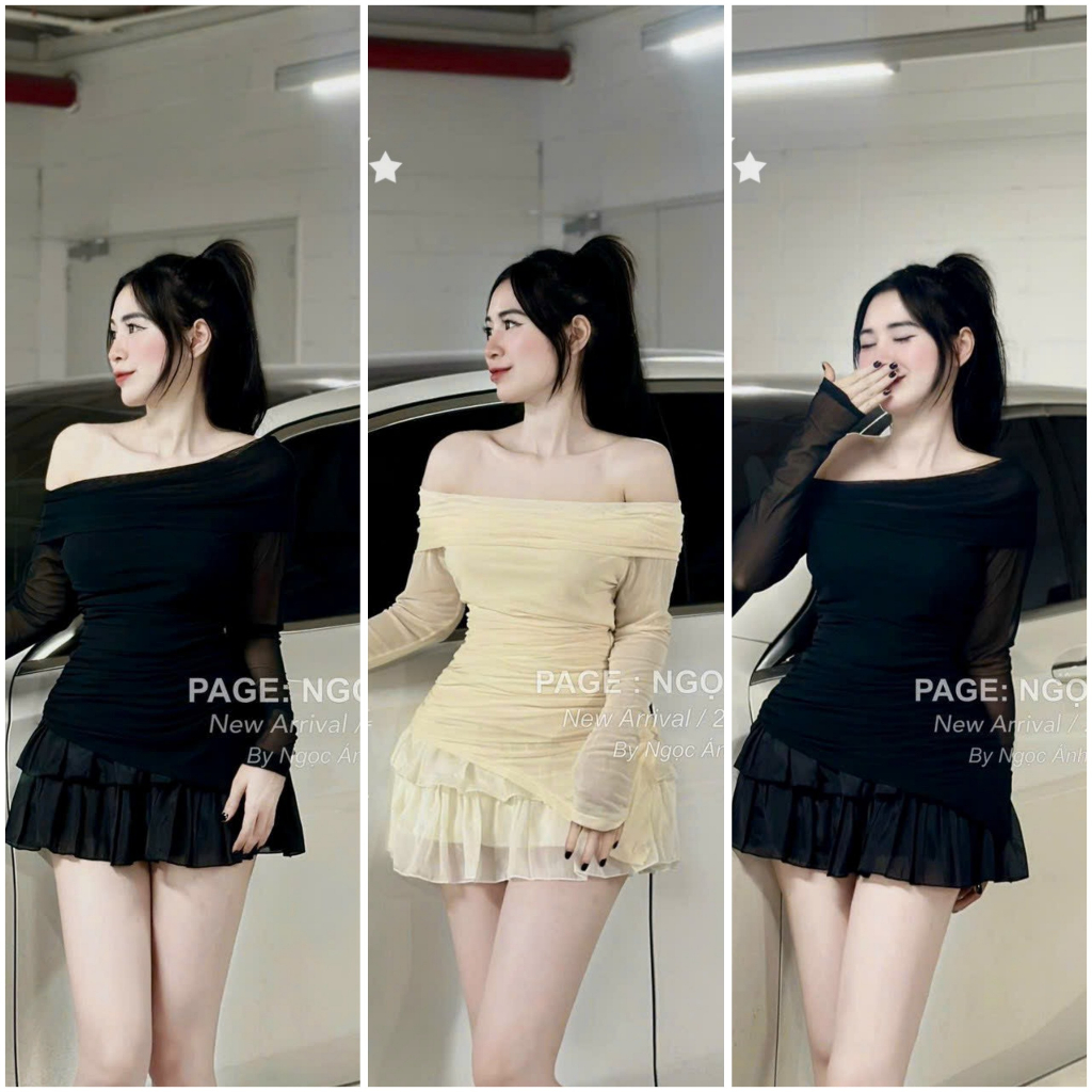 Set đồ bộ nữ áo trễ vai tay dài tà chéo xinh xắn mix chân váy ngắn xòe tầng 2 tone màu basic thời trang xinh xắn hot
