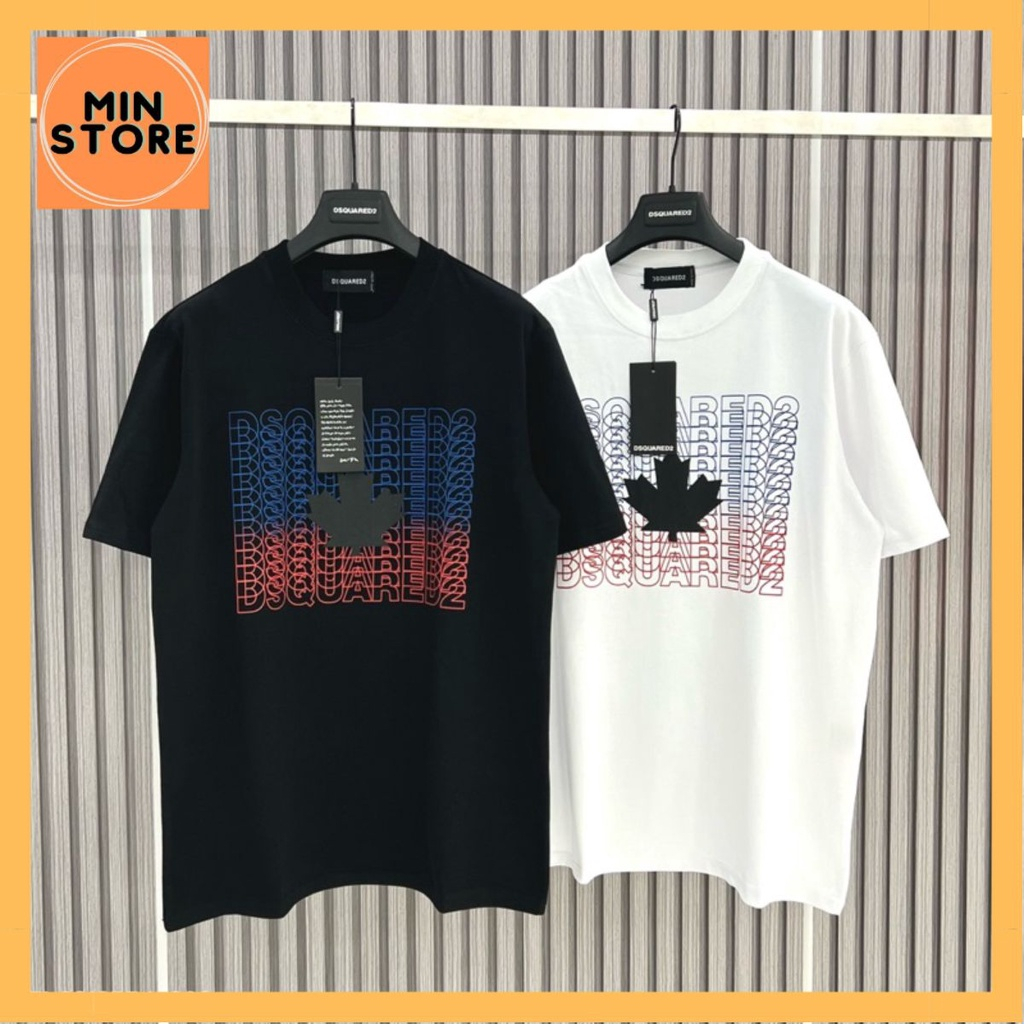 Áo phông Unisex cổ tròn In Chữ DSQ2 Nháy Xanh Đỏ Hình Lá Phong Đen Trắng